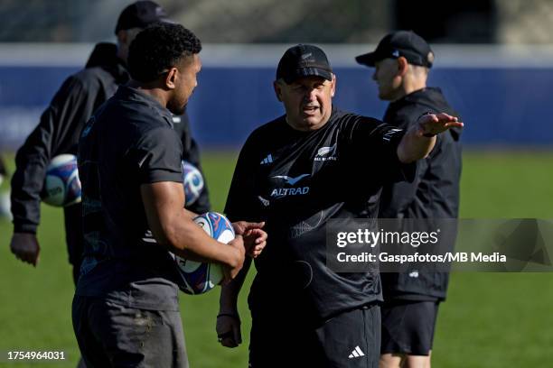 Head coach Ian Foster of New Zealand gives instructions to Ardie Savea of New Zealand during a New Zealand training session ahead of their Rugby...