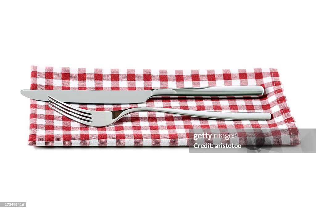 Silverware and Napkin, Isolated on White