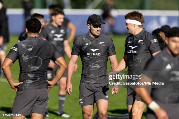 Will Jordan of New Zealand talks to Jordie Barrett of New Zealand during a New Zealand training session ahead of their Rugby World Cup France 2023...