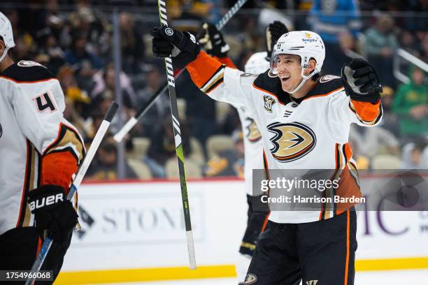 Ryan Strome of the Anaheim Ducks reacts a 4-3 win against the Pittsburgh Penguins at PPG PAINTS Arena on October 30, 2023 in Pittsburgh, Pennsylvania.