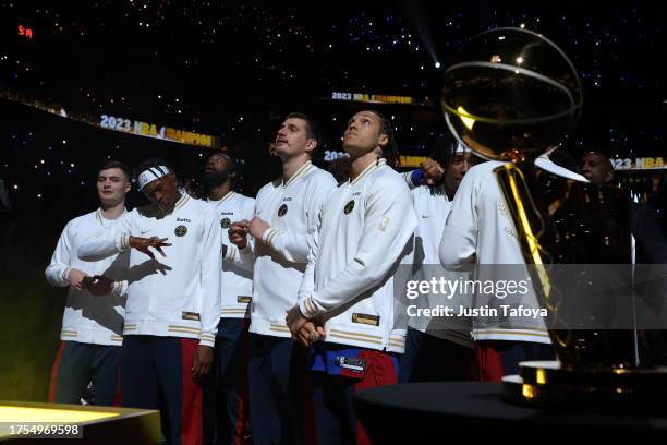 Nikola Jokic of the Denver Nuggets receives his championship ring before the game against the Los Angeles Lakers at Ball Arena on October 24, 2023 in...