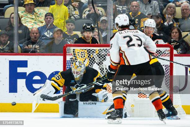 Tristan Jarry of the Pittsburgh Penguins makes a save during the third period against the Anaheim Ducks at PPG PAINTS Arena on October 30, 2023 in...