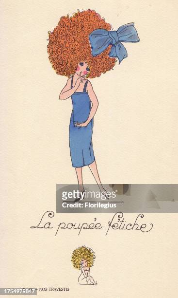 Woman in fancy dress costume as a fetish doll, la poupee fetiche, in huge afro wig with large blue ribbon, and simple blue dress. Lithograph by...