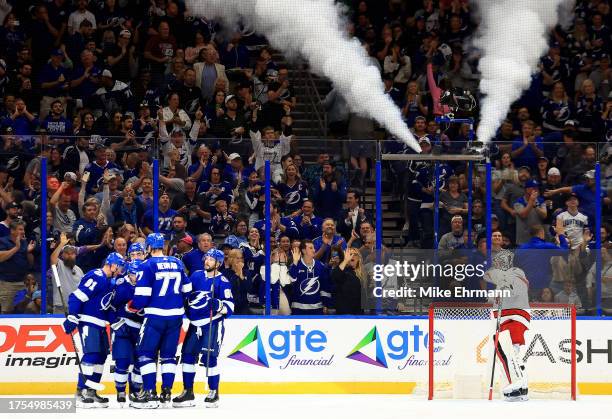 Brayden Point of the Tampa Bay Lightning celebrates a goal in the first period during a game against the Carolina Hurricanes at Amalie Arena on...