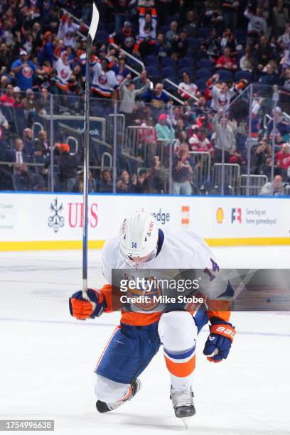 Bo Horvat of the New York Islanders celebrates after scoring a goal against the Detroit Red Wings \d3p at UBS Arena on October 30, 2023 in Elmont,...