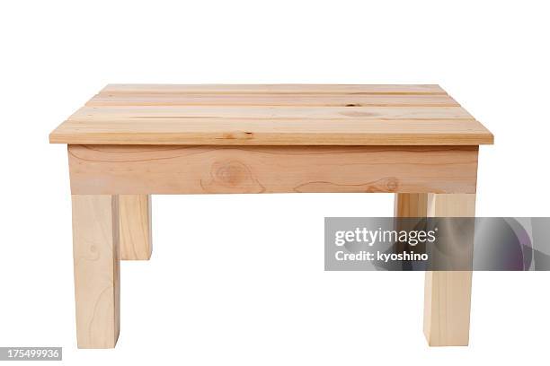isolated shot of wooden table on white background - workbench stock pictures, royalty-free photos & images