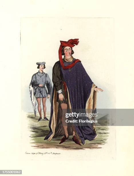 Male costume from the reigns of Henry IV and V . From an image by the antiquarian Montfaucon. Handcolored engraving from 'Civil Costume of England...