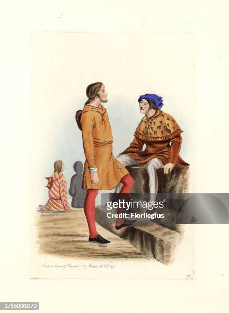 Male costume in the reigns of Edward I and II . Men in colourful short tunics and stockings. Handcolored engraving from 'Civil Costume of England...