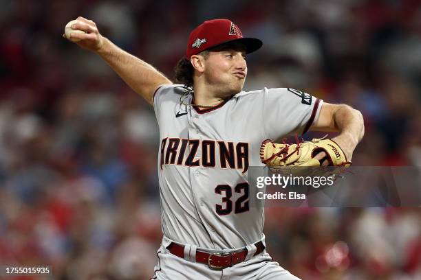 Brandon Pfaadt of the Arizona Diamondbacks pitches against the Philadelphia Phillies during the first inning in Game Seven of the Championship Series...