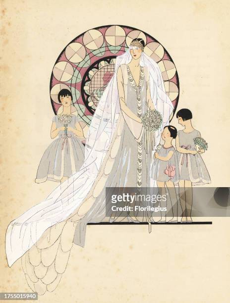 Woman in couture wedding dress and veil with girls in matching maids dresses. Lithograph with pochoir handcolour from the luxury French fashion...