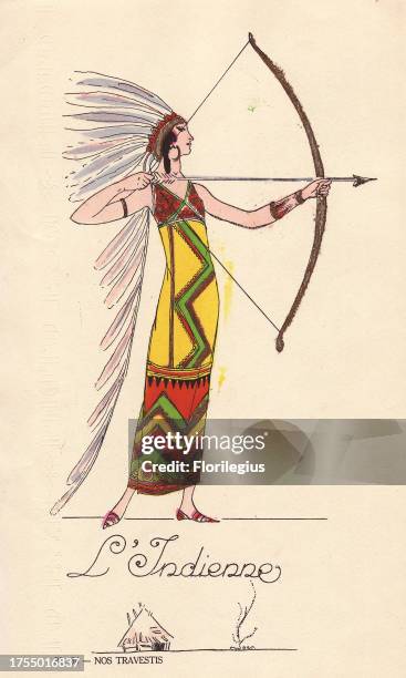 Woman in fancy dress costume as Native American, l'Indienne, in feather headdress, embroidered dress, holding a bow and arrow. Lithograph by unknown...