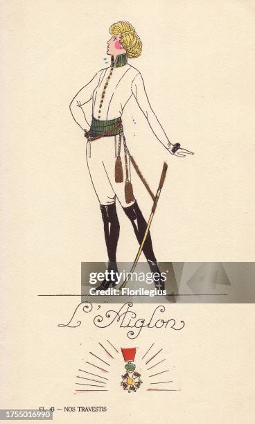 Woman in fancy dress costume as the eaglet, l'Aiglon, in white uniform, black boots, and sword with tassles. Lithograph by unknown artist with...