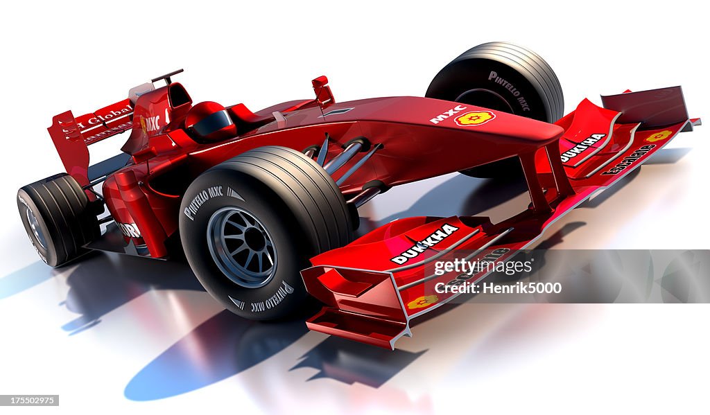 Red open-wheel single-seater racing car racing car against white background