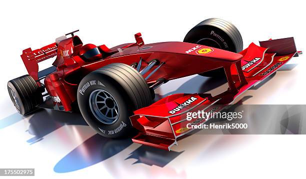 red open-wheel single-seater racing car racing car against white background - racing car stock pictures, royalty-free photos & images