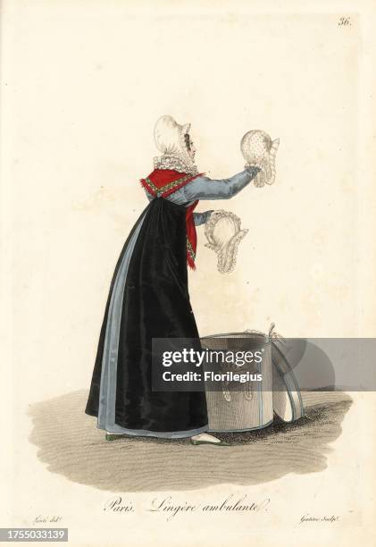 Itinerant seamstress, Paris, early 19th century, in blue dress with black apron and scarlet shawl, selling bonnets from a hat box. Handcoloured...