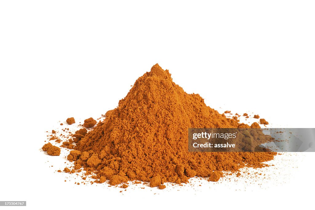 Heap of paprika or chii powder on white background