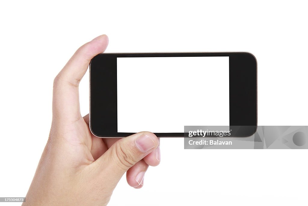 Hand holding a blank smart phone on a white background