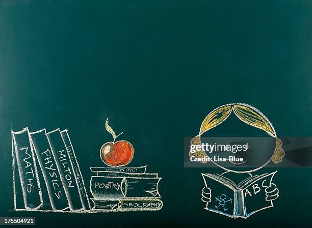 back to school concept on blackboard.copy space. - school building illustration stock pictures, royalty-free photos & images