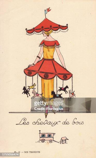 Woman in merry-go-round costume with fairground hat and dress with wooden horses suspended from hooped skirt. Lithograph by unknown artist with...