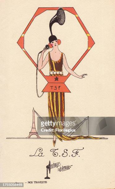 Woman in wireless telephone costume, with speaker hat, receiver and gold dress. Lithograph by unknown artist with pochoir stencil handcolouring from...