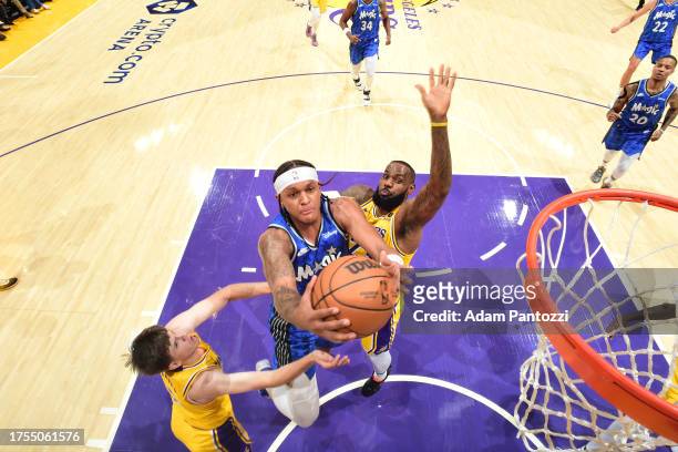Paolo Banchero of the Orlando Magic drives to the basket during the game against the Los Angeles Lakers on October 30, 2023 at Crypto.Com Arena in...