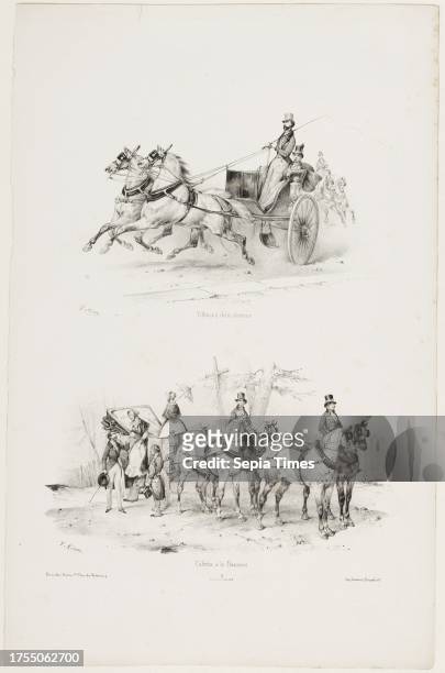 Tilbury with two horses. Caleche a la Daumont, Adam, Victor , Draftsman-lithographer, Lemercier, Benard et Cie, Printer-lithographer, Boivin ,...