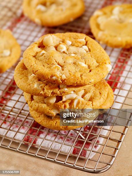 macadamia nut and white chocolate cookies - macadamia nut stock pictures, royalty-free photos & images