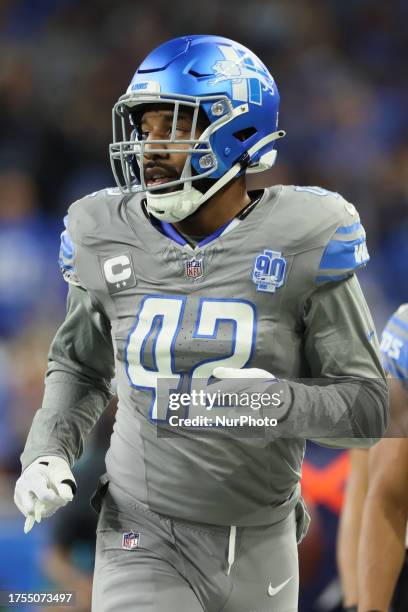 Detroit Lions linebacker Jalen Reeves-Maybin runs off the field at halftime during an NFL football game between the Detroit Lions and the Las Vegas...