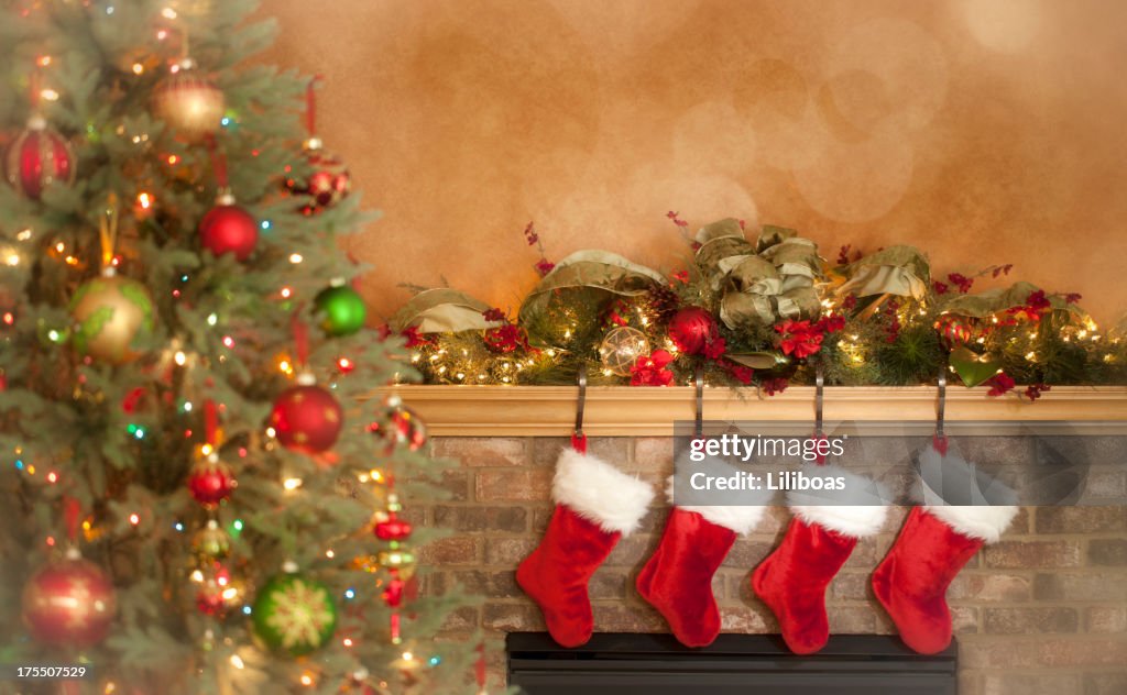 Fireplace Decorated for Christmas on Gold