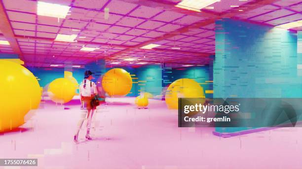 glitchy render of casual woman walking in surreal underground retro office - visueel effect stockfoto's en -beelden