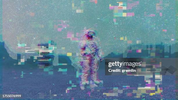 abstract glitchy astronaut walking on moon surface - glitch stock pictures, royalty-free photos & images
