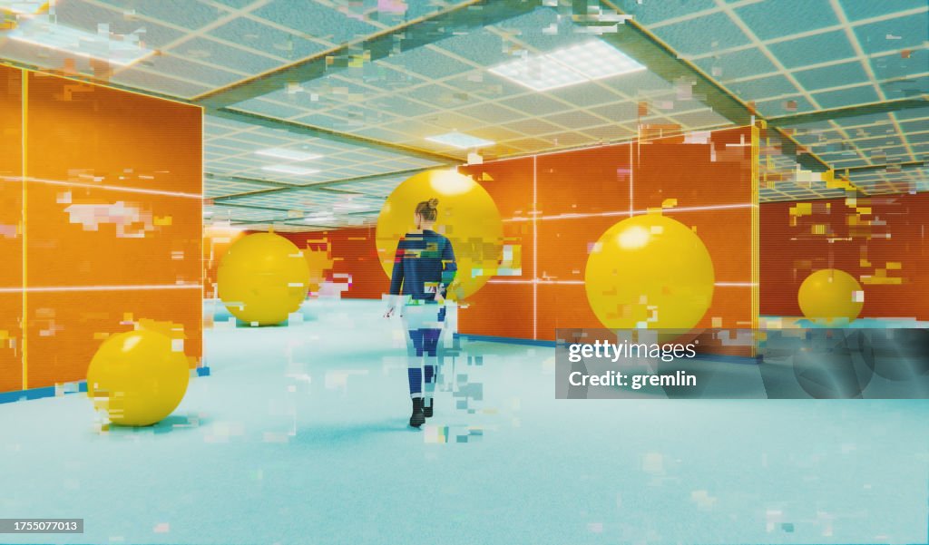 Glitchy render of casual woman walking in surreal underground retro office