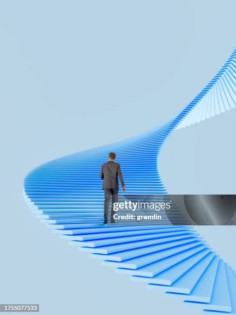 hombre de negocios subiendo las escaleras abstractas - moverse hacia arriba fotografías e imágenes de stock