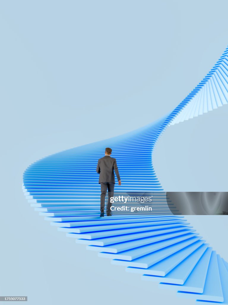 Businessman walking up the abstract stairs