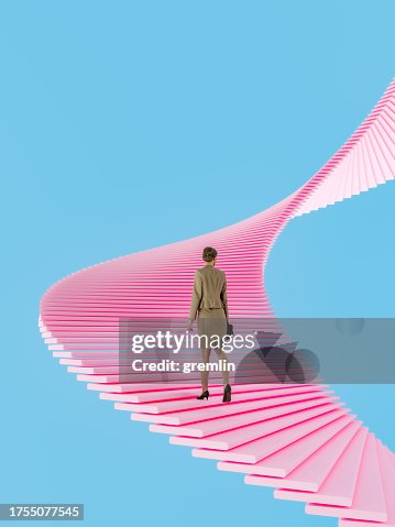 Businesswoman walking up the abstract stairs Businesswoman walking up the abstract stairs