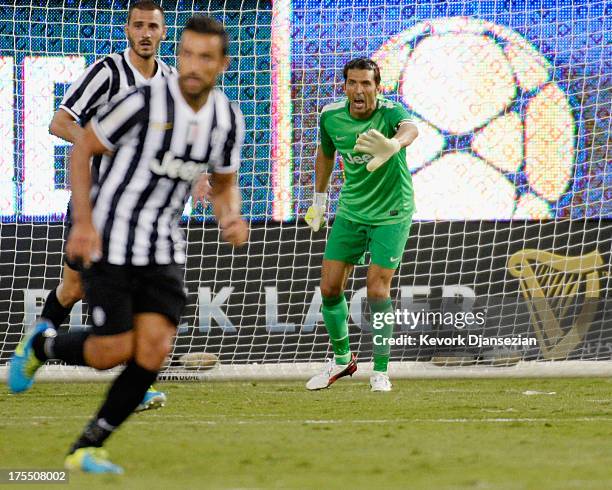 Goalkeeper Gianluigi Buffon of Juventus yells instructions to teammates during the first half of the 2013 Guinness International Champions Cup...