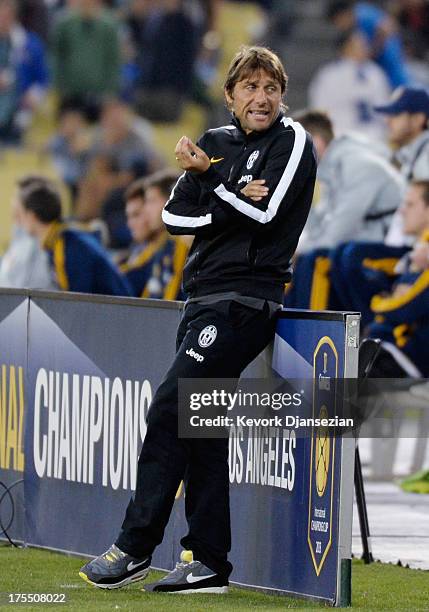 Coach Antonio Conte of Juventus reacts during the soccer match against Los Angeles Galaxy in the 2013 Guinness International Champions Cup at Dodger...