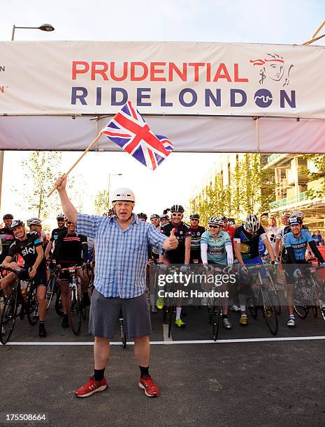 In this handout image provided by Prudential Ride London, Mayor of London, Boris Johnson starts the Prudential RideLondon-Surrey 100 race at the...