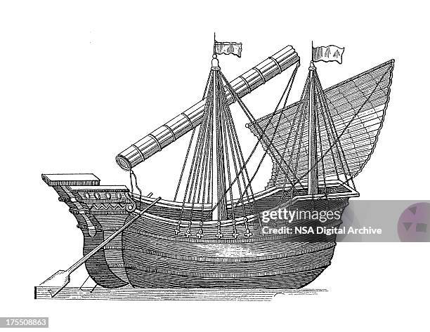 stockillustraties, clipart, cartoons en iconen met old phoenician cargo ship | antique marine illustrations - mast sailing