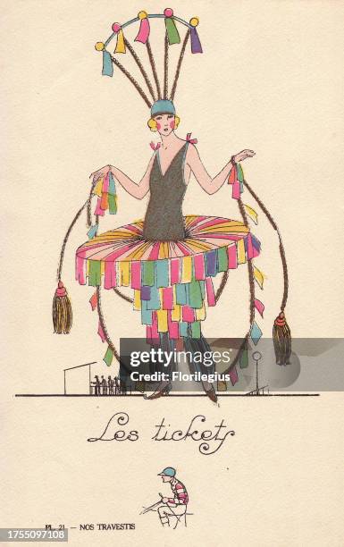 Woman in costume made from betting stubs, les tickets, at the horse races, with skirt, pantaloons, headdress and reins decorated with betting stubs....