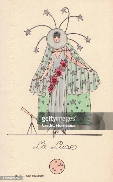 Woman in fancy dress called the moon with hat with shooting stars, grey dress and veils of stars and roses. Lithograph by unknown artist with pochoir...