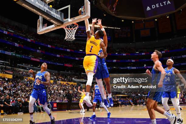 Angelo Russell of the Los Angeles Lakers dunks the ball during the game against the Orlando Magic on October 30, 2023 at Crypto.Com Arena in Los...