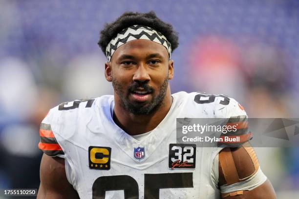 Myles Garrett of the Cleveland Browns walks off the field after beating the Indianapolis Colts 39-38 at Lucas Oil Stadium on October 22, 2023 in...