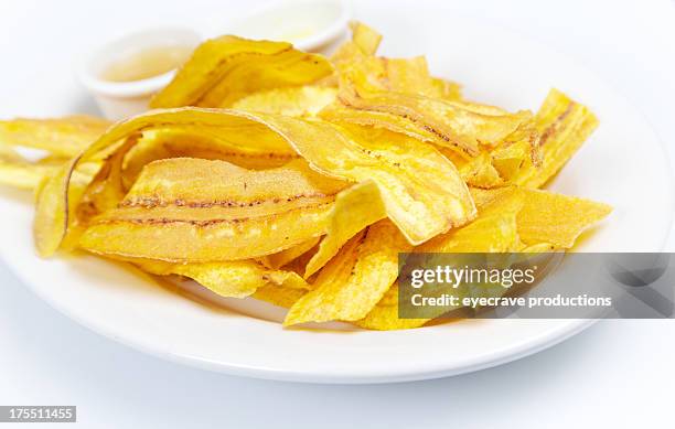 homemade plantain chip strips and dipping sauce - plantain stock pictures, royalty-free photos & images