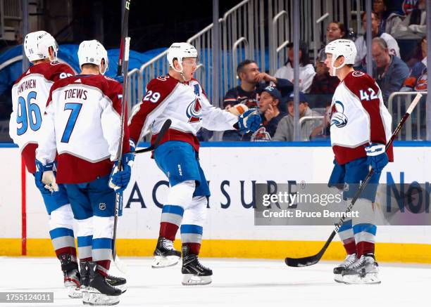 Nathan MacKinnon of the Colorado Avalanche scores the go-ahead goal against the New York Islanders at 19:31 of the second period at UBS Arena on...