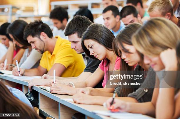 large group of students writing. - amphitheatre stock pictures, royalty-free photos & images