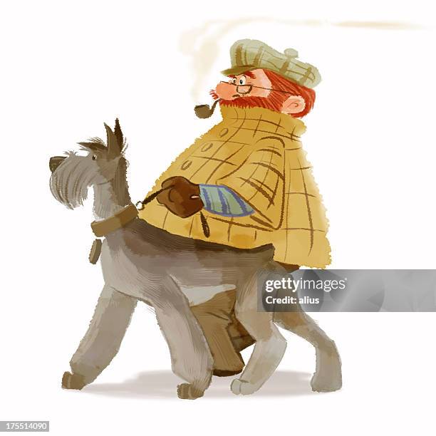 stockillustraties, clipart, cartoons en iconen met schnauzer and his owner - hairy old man