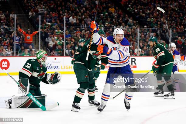 Zach Hyman of the Edmonton Oilers celebrates a goal by teammate Warren Foegele against the Minnesota Wild in the first period at Xcel Energy Center...