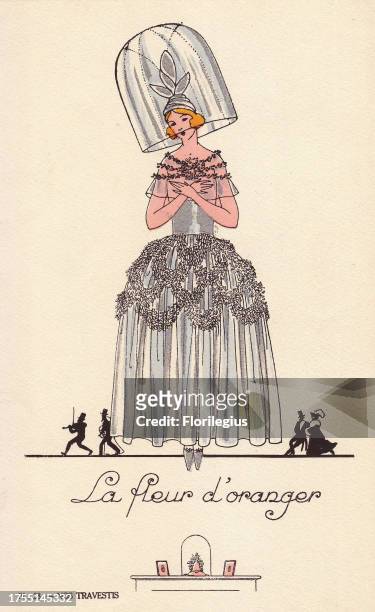 Woman in fancy dress costume as La fleur d'oranger, with silver dress, glass hat and ballet shoes. La fleur d'oranger was a short ballet by Andre...