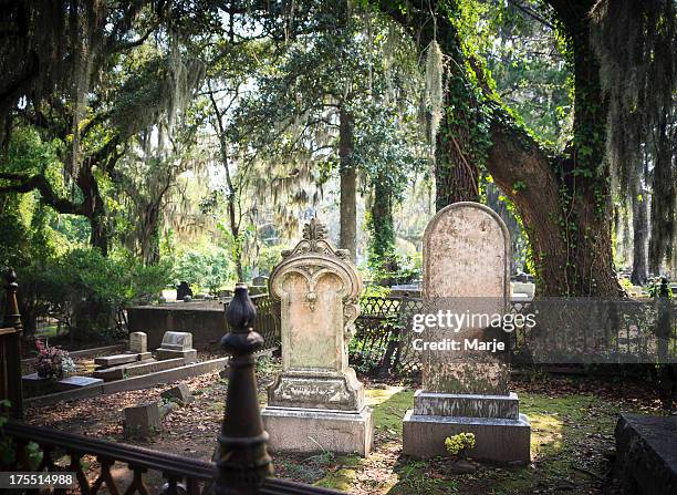 cemetery tombstones - spooky graveyard stock pictures, royalty-free photos & images